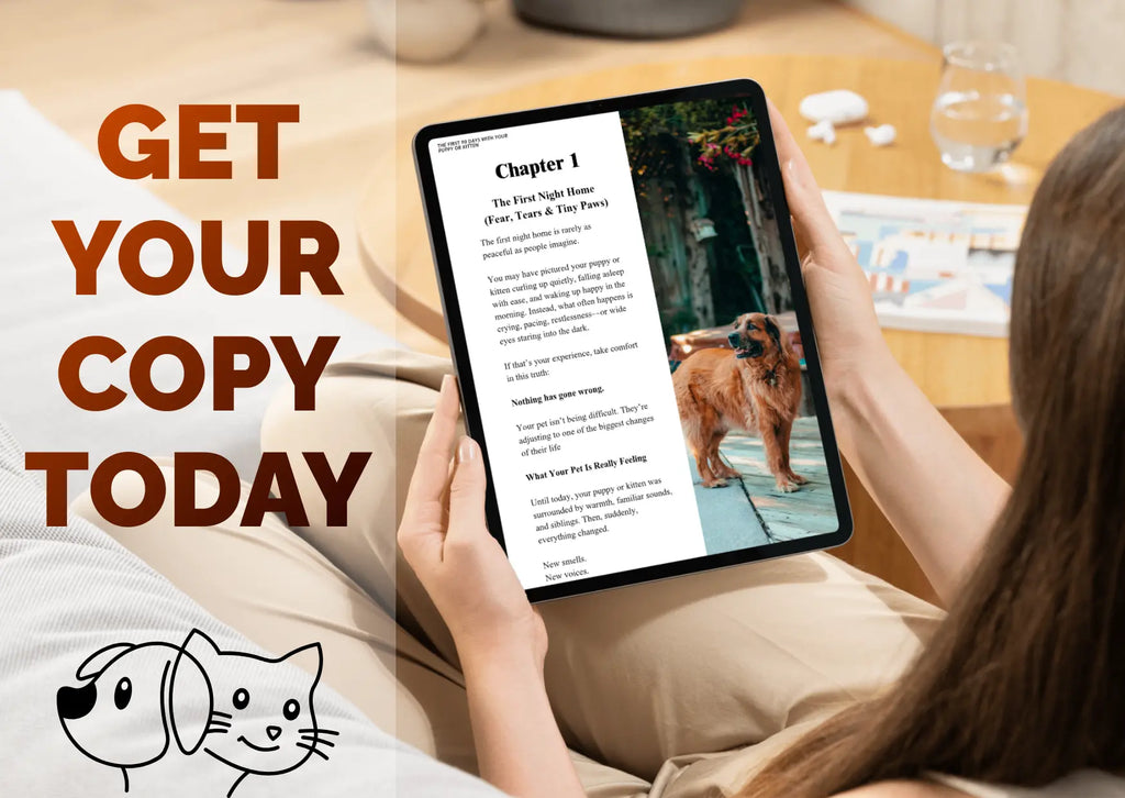 Person holding a tablet with an e-book open, Pet training ebook for puppies and kittens focusing on dog training, cat training, and early behavior, product preview.