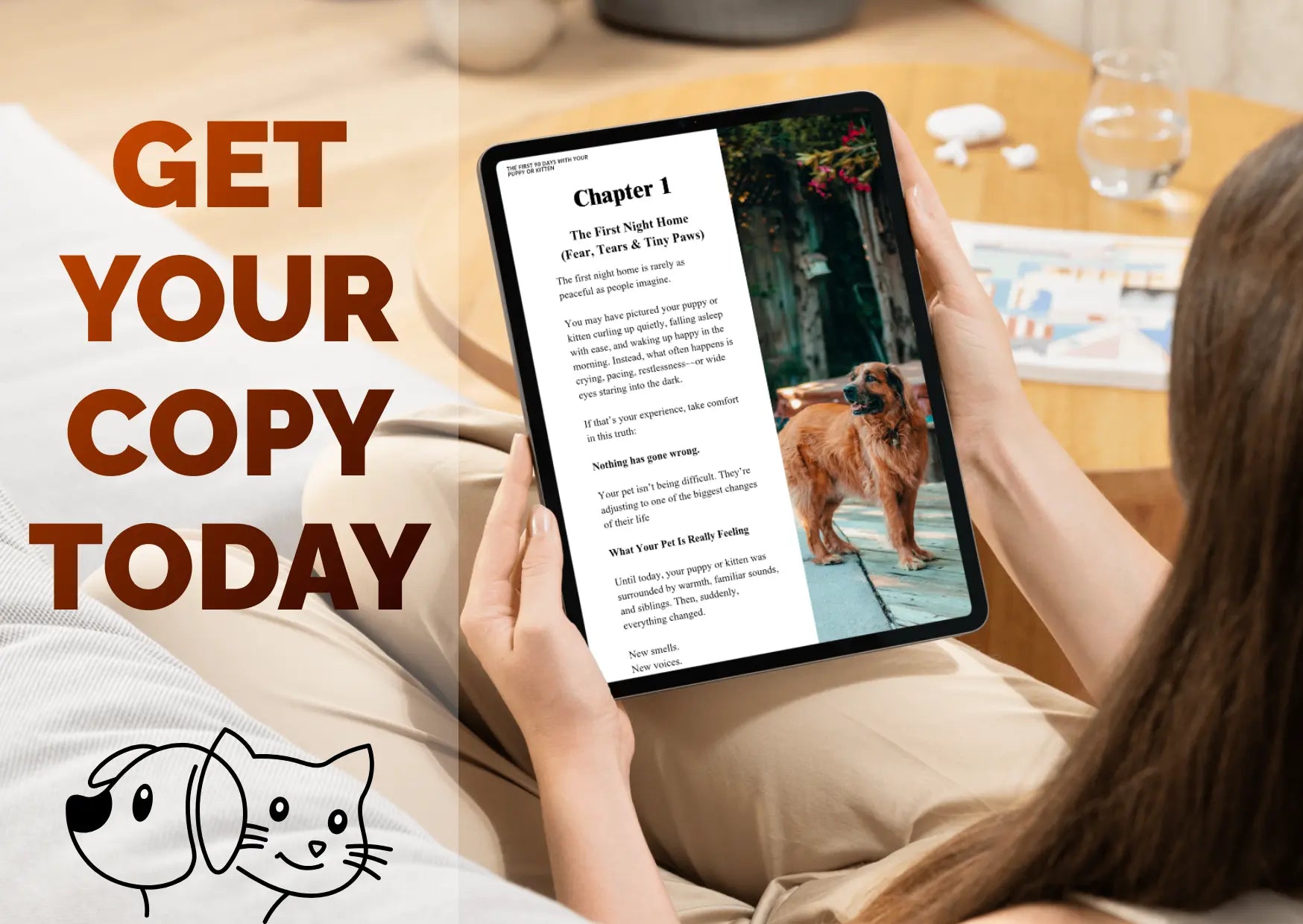 Person holding a tablet with an e-book open, Pet training ebook for puppies and kittens focusing on dog training, cat training, and early behavior, product preview.
